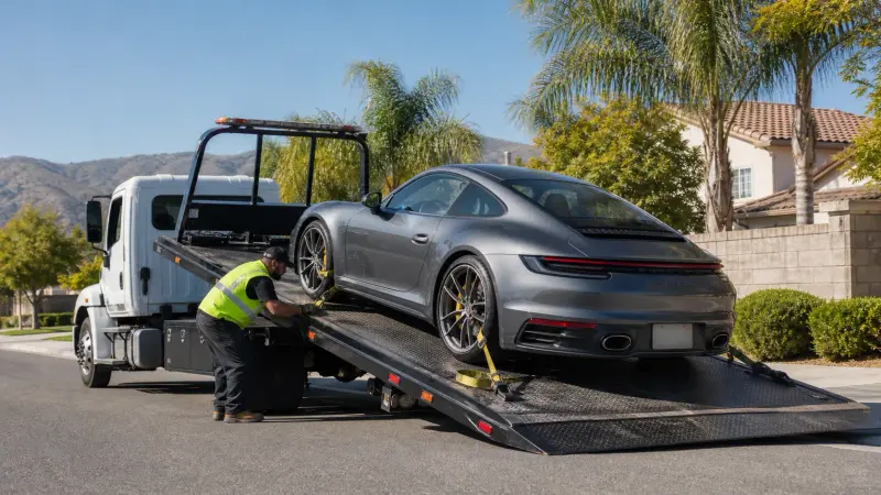 A flatbed tow truck securing a lowered sports car on its deck in Jurupa Valley, CA
