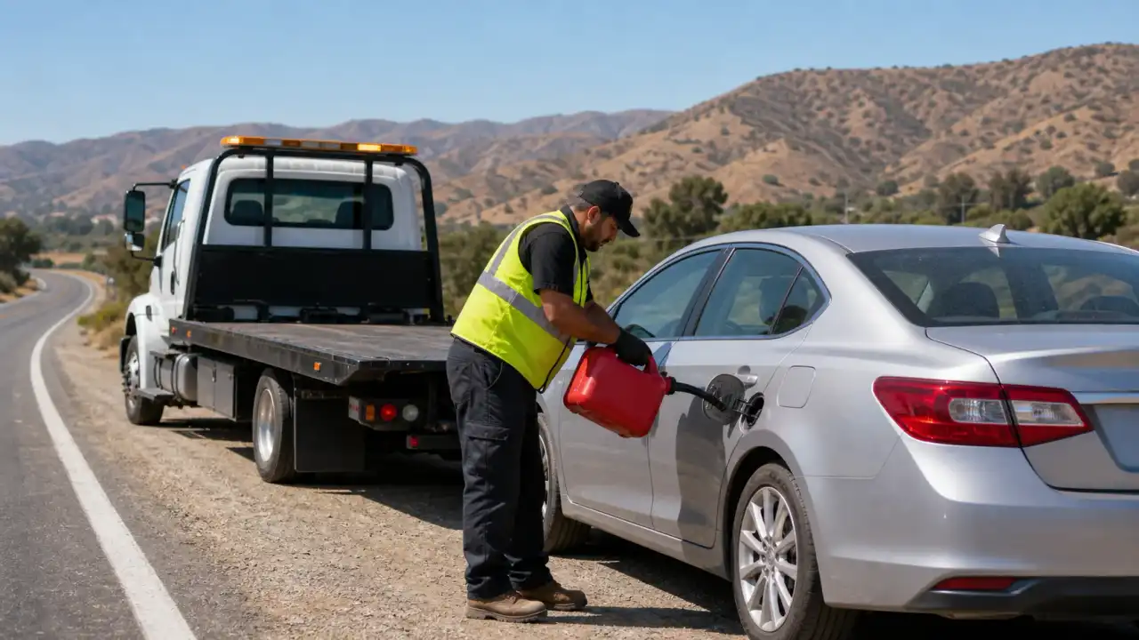 A roadside technician pouring emergency fuel into a car on the side of a road in Jurupa Valley, CA