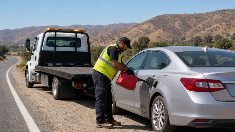 A roadside technician pouring emergency fuel into a car on the side of a road in Jurupa Valley, CA