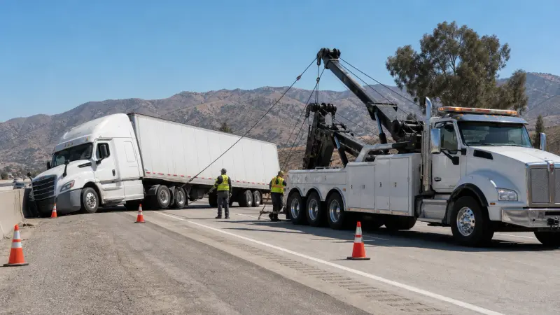 A heavy-duty rotator wrecker recovering an overturned semi-truck on the SR-60 in Jurupa Valley, CA