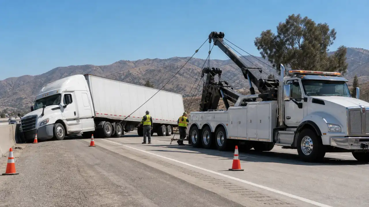 A heavy-duty rotator wrecker recovering an overturned semi-truck on the SR-60 in Jurupa Valley, CA