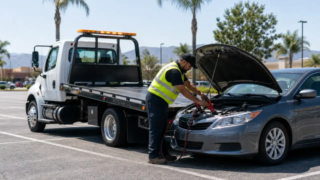 A roadside technician connecting jumper cables to a dead car battery in a parking lot in Jurupa Valley, CA