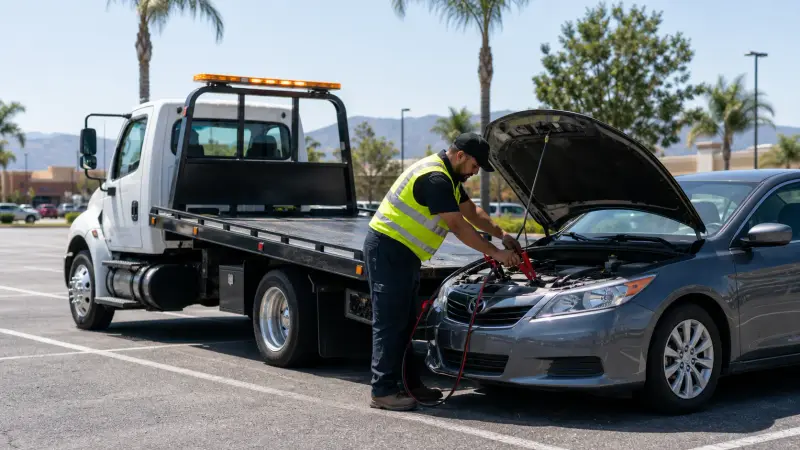 A roadside technician connecting jumper cables to a dead car battery in a parking lot in Jurupa Valley, CA