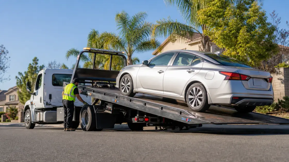 A flatbed tow truck loading a passenger sedan on a sunny street in Jurupa Valley, CA