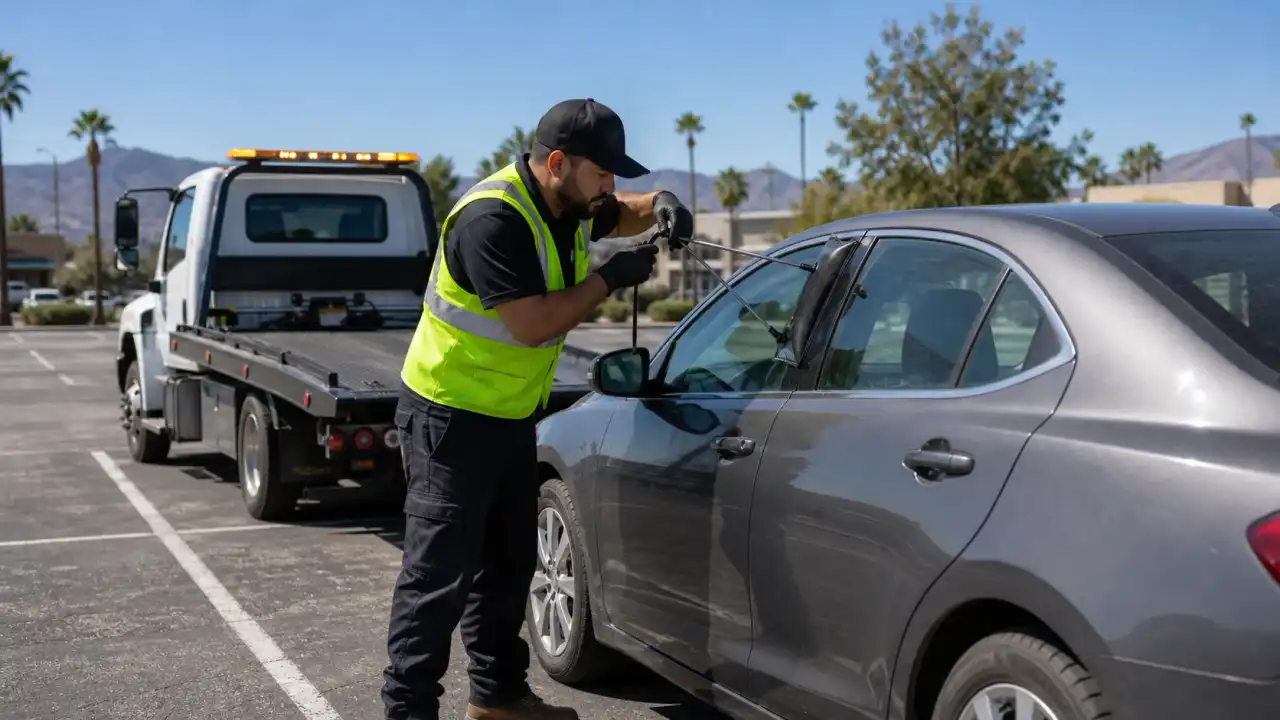 A roadside technician unlocking a car door with a professional tool in a parking lot in Jurupa Valley, CA