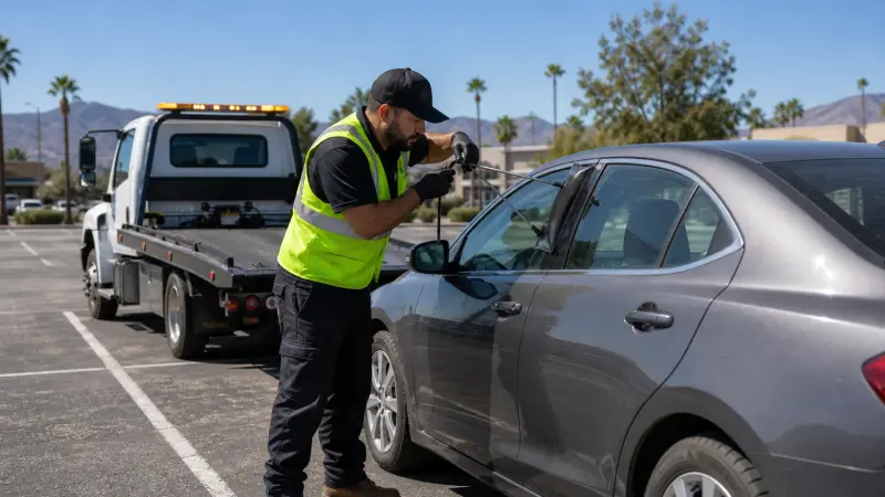 A roadside technician unlocking a car door with a professional tool in a parking lot in Jurupa Valley, CA