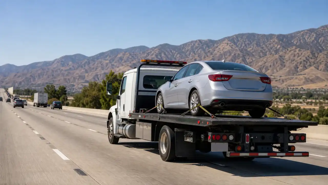A flatbed tow truck on a California interstate highway carrying a vehicle from Jurupa Valley, CA