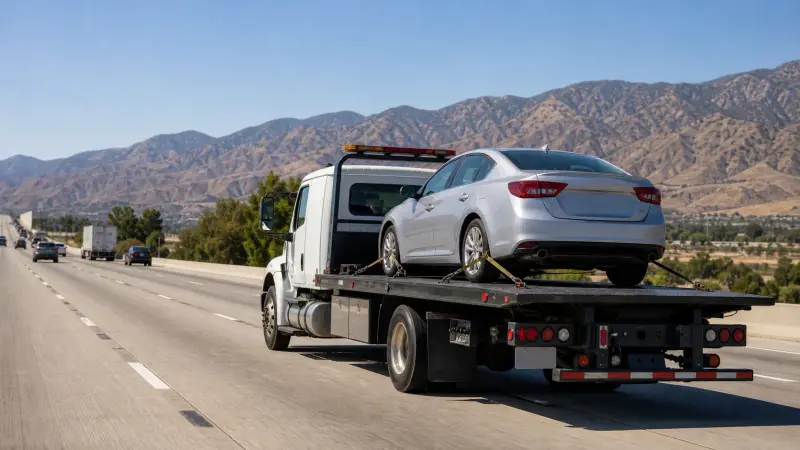 A flatbed tow truck on a California interstate highway carrying a vehicle from Jurupa Valley, CA