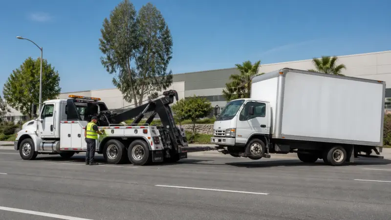A medium-duty wrecker towing a white box truck on an industrial road in Jurupa Valley, CA