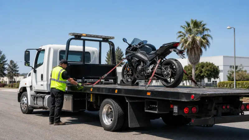 A flatbed tow truck with a motorcycle secured on the deck in Jurupa Valley, CA
