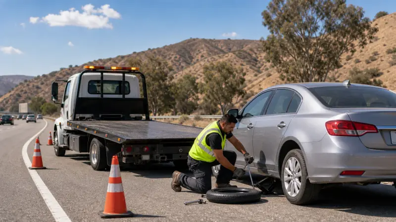 A roadside assistance technician changing a tire on a vehicle on the SR-60 shoulder in Jurupa Valley, CA
