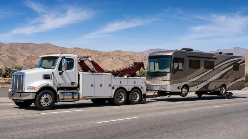 A heavy-duty tow truck recovering a Class A motorhome on a California highway near Jurupa Valley, CA