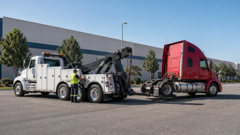 A heavy-duty wrecker towing a semi-tractor on an industrial road in Jurupa Valley, CA