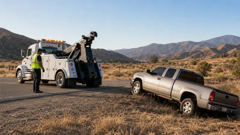 A tow truck winching a vehicle out of a ditch along a road near the Jurupa Mountains in Jurupa Valley, CA