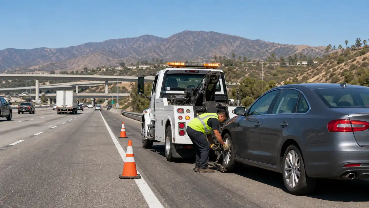 A tow truck on the SR-91 freeway shoulder near the I-15 interchange in Corona, CA