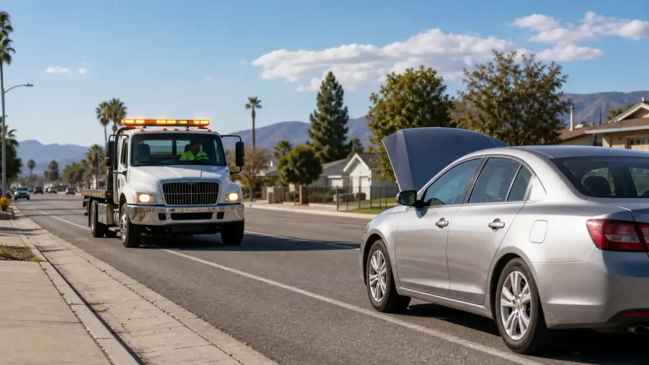 A tow truck responding to a breakdown on Mission Boulevard in Glen Avon, CA