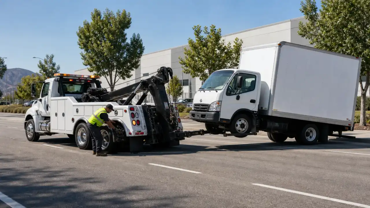 A tow truck assisting a commercial vehicle on a wide industrial road in Mira Loma, CA