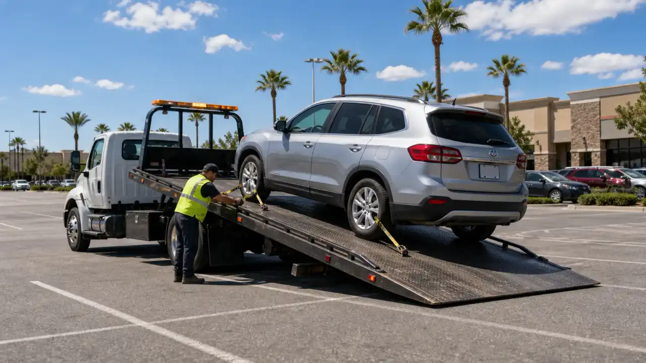 A tow truck loading a passenger vehicle near the Ontario Mills area in Ontario, CA