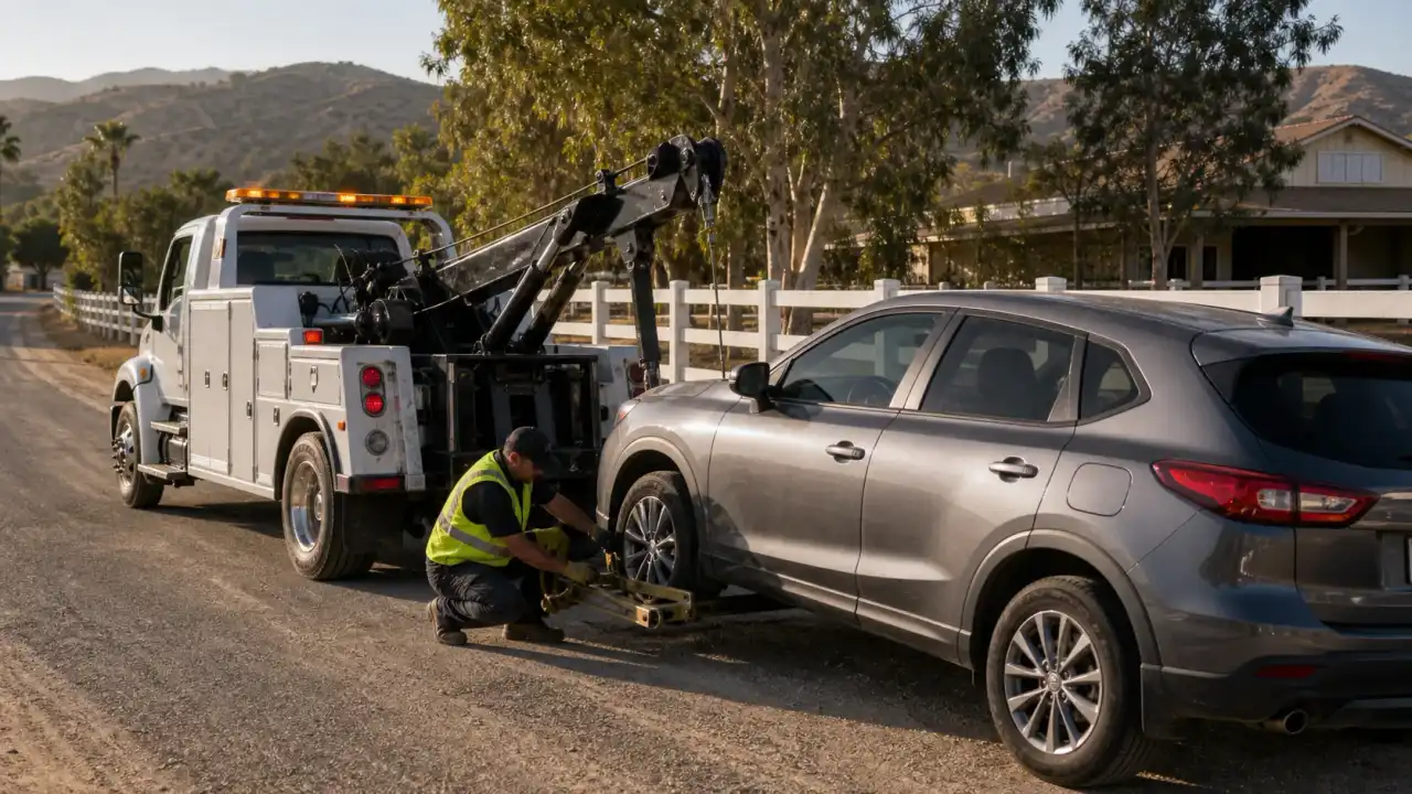 A tow truck on a rural road assisting a vehicle in Pedley, CA