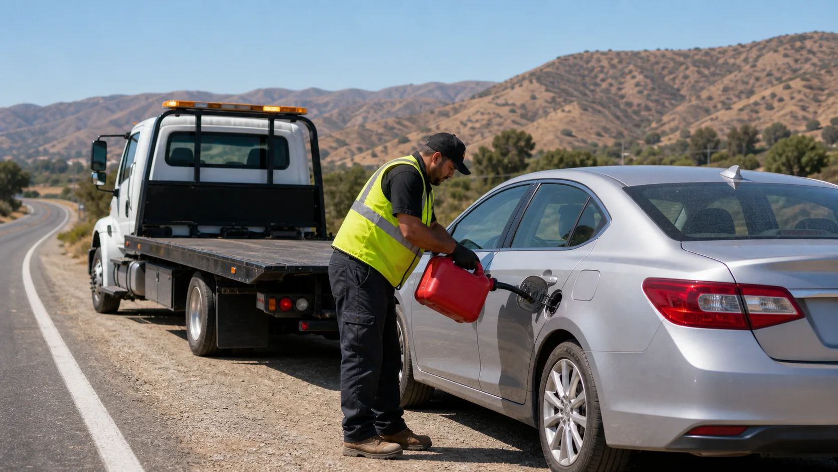 A roadside technician pouring emergency fuel into a car on the side of a road in Jurupa Valley, CA