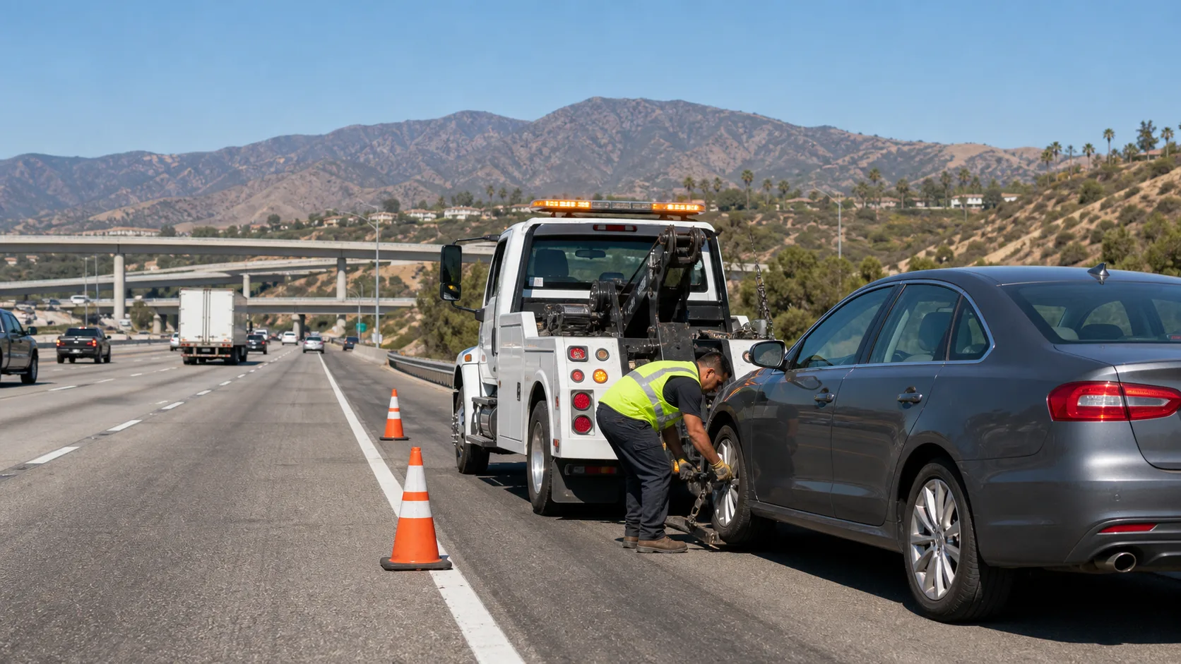 A tow truck on the SR-91 freeway shoulder near the I-15 interchange in Corona, CA